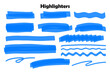 Highlighter collection, brush lines, isolated in white background. Marker blue set, brush pen hand drawn underline. Vector highlighter graphic stylish element. Watercolor hand drawn highlight set.