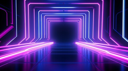Wall Mural - Another 3D render showcases a pink-blue neon abstract background with glowing panels illuminated by ultraviolet light, representing futuristic power-generating technology.
