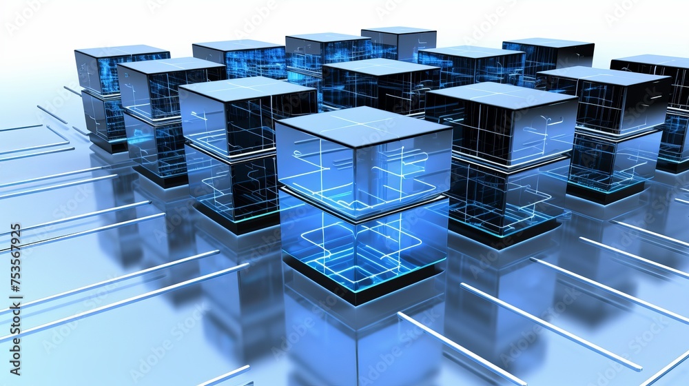 Presented in 3D, a database structure is depicted in black and blue ...