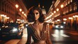 a woman standing on a city street at night the scene illuminated  soft ambient glow of streetlights gold dress confident internet professional e business feminine road mobile successful photography 