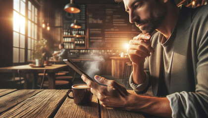 Wall Mural - Close up of a man using mobile phone while sitting in a cafe, blurred background