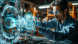 © AI Visual Vault - Innovator Adjusting Virtual Mechanism.Focused engineer interacts with a complex virtual mechanism in a high-tech workshop.