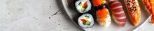 A Deconstructed Sushi Platter With Pieces Of Fresh Fish Sushi Rice And Garnishes Artistically Arranged On A Minimalist Plate Emphasizing Clean Lines And Simplicity Soft Lighting Creates A