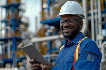 Poster - Professional engineer in safety gear with tablet at an industrial plant