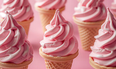 Wall Mural - Pink strawberry ice creams in a cone pattern on a pastel light pink background. Summer refreshing concept banner. Delicious commercial background.