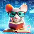 3d illustration of mouse smile with sunglasses, reading book and solving math data analytics in concept of future mathematics - Generative AI
