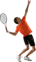 Wall Mural - Young athletic man, professional tennis player doing perfect top serve against transparent background. Concept of sport, healthy lifestyle, competition, tournament, victory, motion, movement.