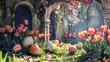 An enchanting 3D rendering showcasing a tranquil garden setting with blooming tulips and intricately decorated Easter eggs.