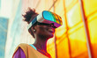 Attractive black woman wearing virtual reality glasses outdoor
