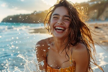 Wall Mural - Joyful Young Woman Laughing With Wet Hair on Sunny Beach at Sunset, Carefree Summer Vacation