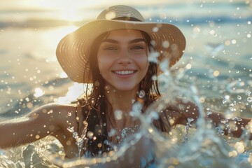 Wall Mural - Joyful Woman in Summer Hat Splashing Water While Enjoying Sunset at Sea, Radiant Warm Light on Smiling Face, Vacation Bliss