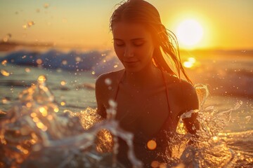 Wall Mural - Young Woman Enjoying Serene Sunset at Sea, Immersed in Shimmering Ocean Waves, Golden Hour Beauty