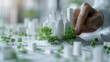 Man modeling sustainable green city concept with eco friendly white buildings and small trees from paper, representing urban planning and environmental conservation. Generative ai