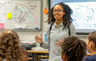 Canvas Print - Photo of a female teacher teaching students in a classroom, with a whiteboard in the background