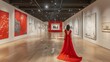 The woman in the long red dress from the back in the gallery museum.