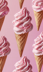 Wall Mural - Pink strawberry ice creams in a cone pattern on a pastel light pink background. Summer refreshing concept banner. Delicious commercial background.