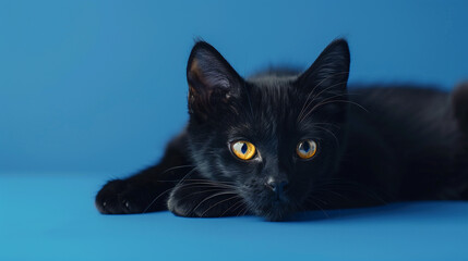 Wall Mural - A sleek black cat with vibrant yellow eyes resting gracefully on a solid royal blue surface.