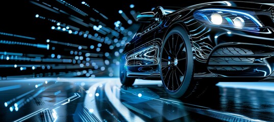 Poster - futuristic electric black car with holographic wireframe digital technology background