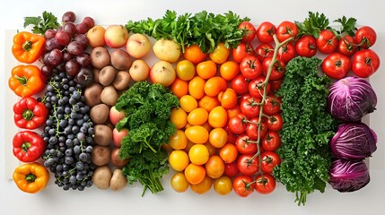 Poster - Colorful assortment of fresh vegetables and fruits on white background. healthy food rainbow display. natural ingredients for vegetarian diet. AI