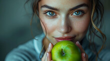 Elegent Young Woman Holding Green Apple In Sport Suit, Weight Loss Diet Concept.
