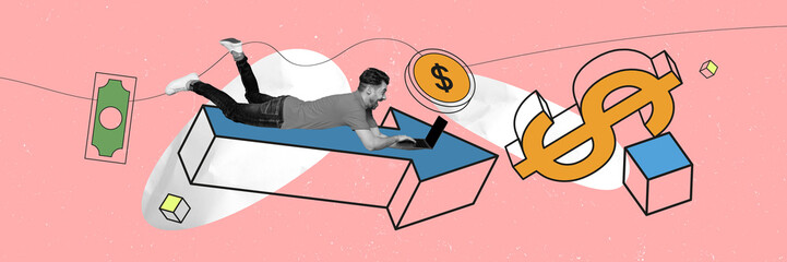 Poster - Abstract creative artwork template collage of funky guy earning cash modern device isolated pink color background