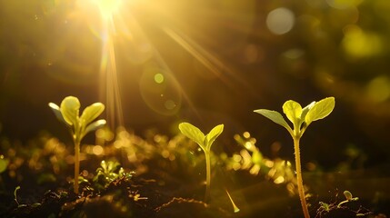 Canvas Print - Young green plants bask in sunlight. nature's awakening. serene, vibrant growth. beautiful natural background for projects. AI