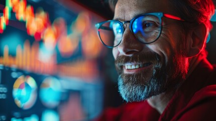 Poster - Smiling businessman analyzing financial data on computer screens in office setting