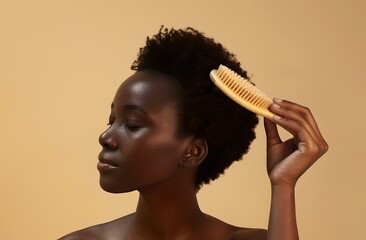 Poster - Graceful woman grooming with a wooden comb, natural beauty and self-care concept, elegant simplicity, studio portrait, warm tones. AI