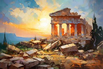 Landscape with the ruins of an ancient temple. Oil painting in impressionism style.