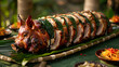 Head shot of the newly delivered and unwrapped all time favorite, the popular roasted crispy pig. generative ai