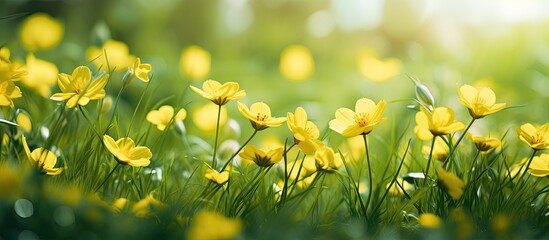 Wall Mural - Vivid Yellow Flowers Blossoming Beautifully in Lush Green Grass Field