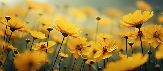 Wall Mural - Vibrant Yellow Flowers Blossom Under the Radiant Sunlight in a Field of Serenity