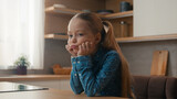 Fototapeta Panele - Little Caucasian sad upset child girl sitting at home kitchen alone offended kid schoolgirl feeling disappoint bullied abused lonely schoolchild daughter stressed sit at table school children problem