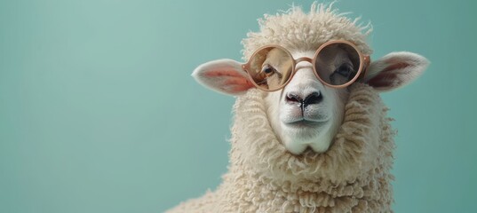 Wall Mural - Playful sheep in sunglasses on pastel background, with ample space for text placement.