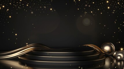 Wall Mural - Product display podium with golden curve line decoration and glitter light effect elements and star. Black luxury background.