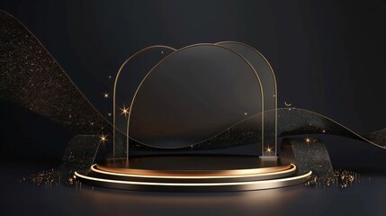 Wall Mural - Product display podium with golden curve line decoration and glitter light effect elements and star. Black luxury background.