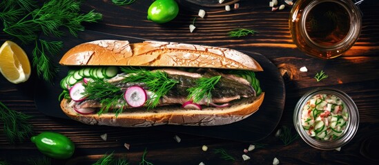 Sticker - Delicious Meat Sandwich with Onions and Pickles on Rustic Wooden Table