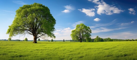 Poster - tranquil meadow landscape with lush green field of tall grass under sunny sky