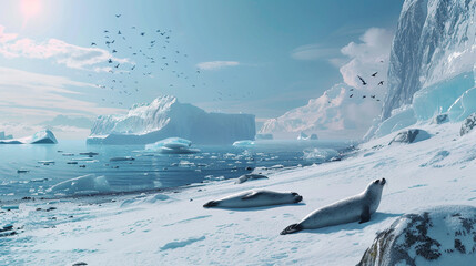 Wall Mural - Arctic seals basking on a snowy beach, with icebergs floating in the background.