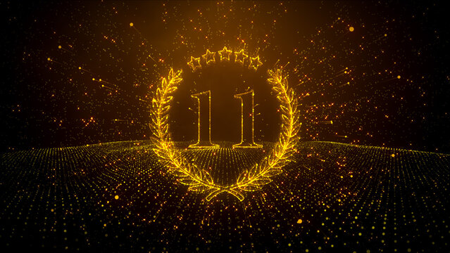 Abstract Golden Shiny Number 11 Laurel Wreath Label Dotted Lines Wireframe Particle Space With Wavy Dots Floor Pattern