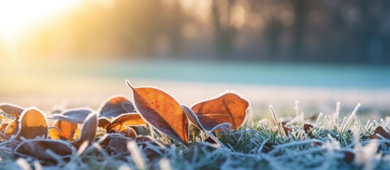 Sticker - Serene Frost-Covered Grass with Delicate Leaves Glistening in the Early Morning Light