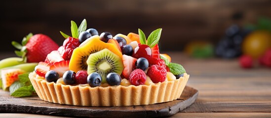 Poster - Exquisite Fruit Tart Garnished with Colorful Fresh Fruits and Vibrant Mint Leaves