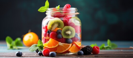 Canvas Print - Refreshing Summer Drink with a Mix of Fresh Fruits and Sprigs of Mint in a Glass Jar