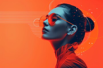 Poster - Futuristic female with abstract digital art concept on vibrant orange background