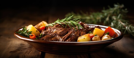 Wall Mural - Savory Beef and Potato Meal Sprinkled with Fragrant Rosemary