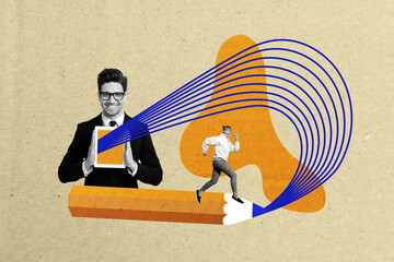 Poster - Creative abstract template collage of funny businesspeople pencil tablet internet waves lines weird freak bizarre unusual