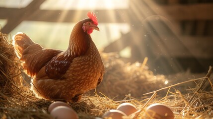 Wall Mural - Healthy hen chicken near freshly laid eggs in hay in a rustic barn under warm sunlight with copy space
