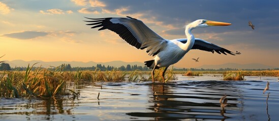 Poster - Graceful Bird Soars majestically Over Shimmering Lake in a Serene Flight