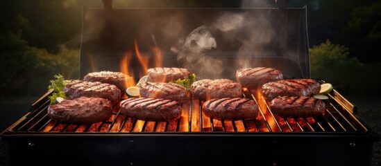 Poster - Sizzling BBQ Grill with Delicious Assortment of Meat and Vegetables Cooking Outdoors