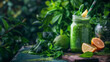 A refreshing and nutritious green smoothie in a mason jar, surrounded by fresh citrus fruits and lush basil leaves, perfectly blending health with taste